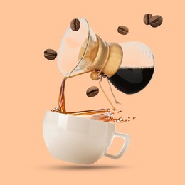 Image of Pouring freshly brewed coffee from glass coffeemaker into cup on pink beige background