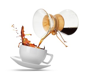 Image of Pouring freshly brewed coffee from glass coffeemaker into cup on white background