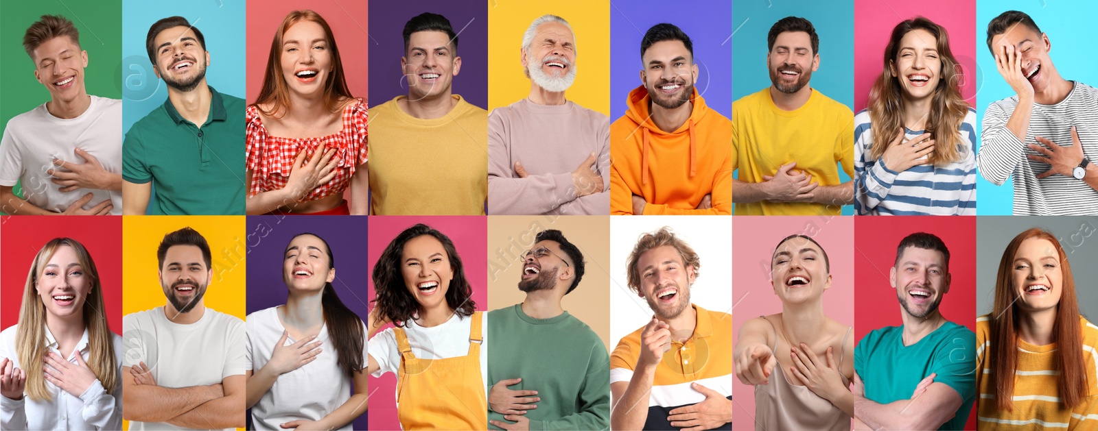 Image of Different people laughing on colorful backgrounds, collage of portraits