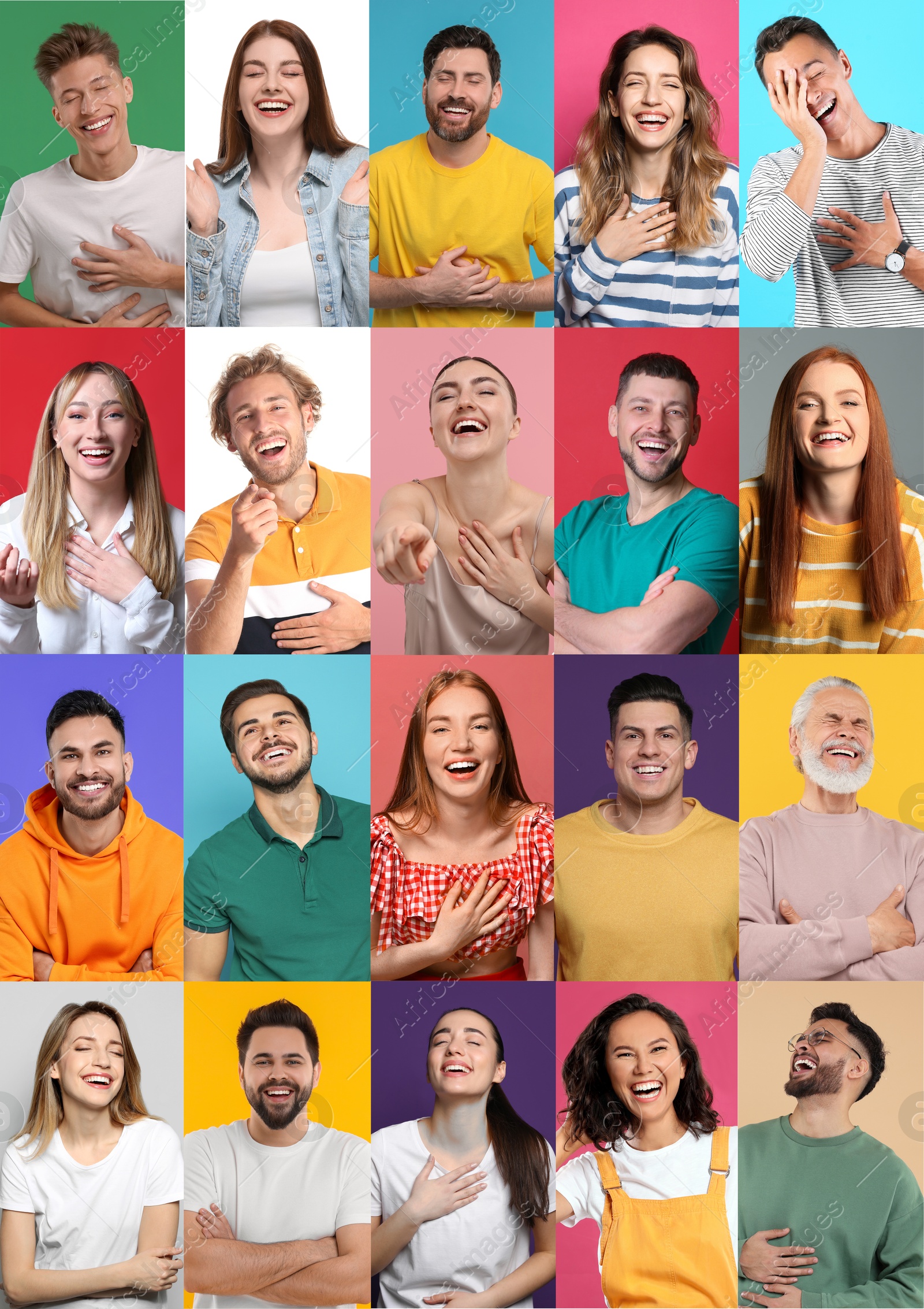 Image of Different people laughing on colorful backgrounds, collage of portraits