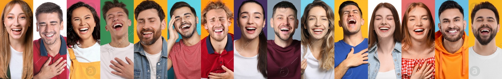 Image of Different people laughing on colorful backgrounds, collage of portraits