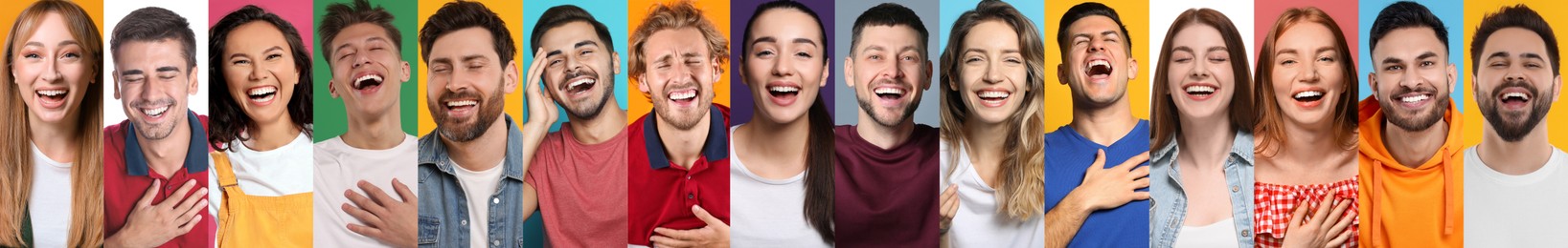 Different people laughing on colorful backgrounds, collage of portraits