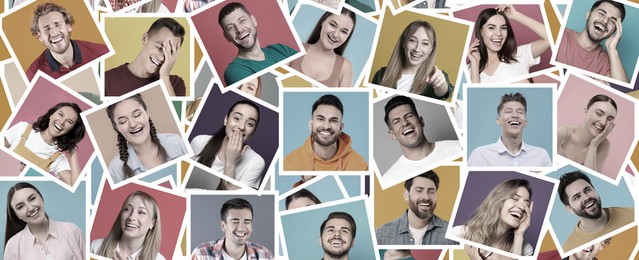 Different people laughing on colorful backgrounds, collage of photos