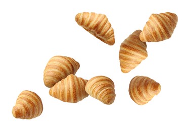 Image of Delicious croissants in air on white background. Puff pastry