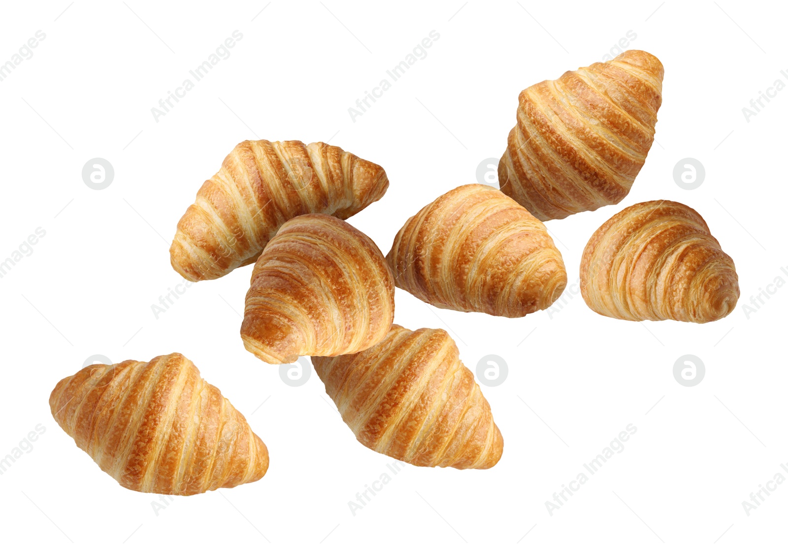 Image of Delicious croissants in air on white background. Puff pastry