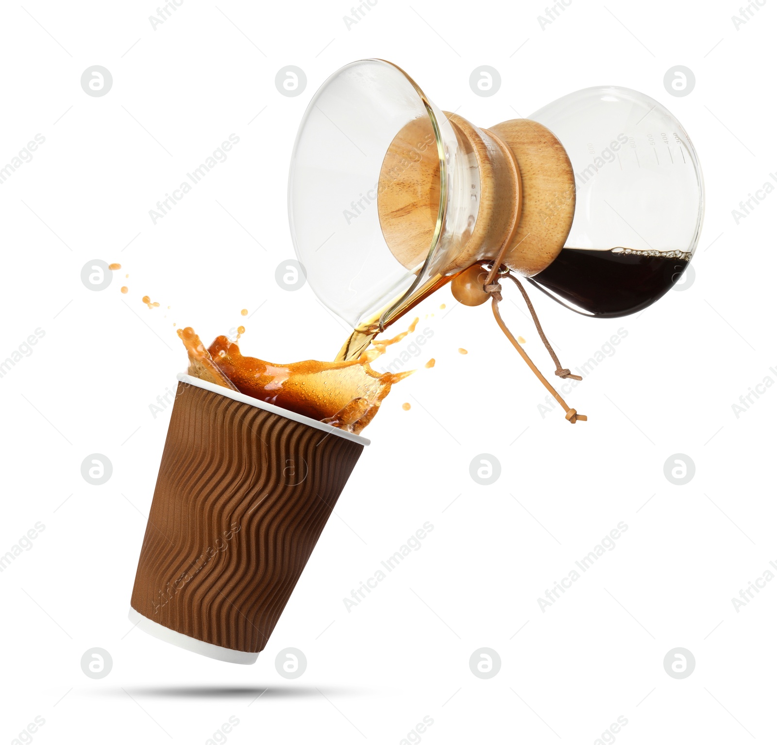 Image of Pouring freshly brewed coffee from glass coffeemaker into take-away paper cup on white background