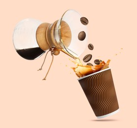 Image of Pouring freshly brewed coffee from glass coffeemaker into take-away paper cup on beige pink background