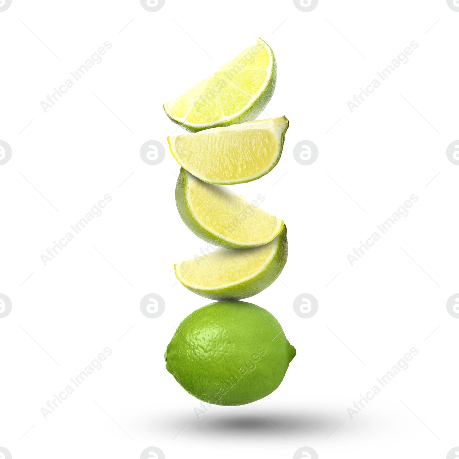 Image of Fresh juicy limes falling on white background