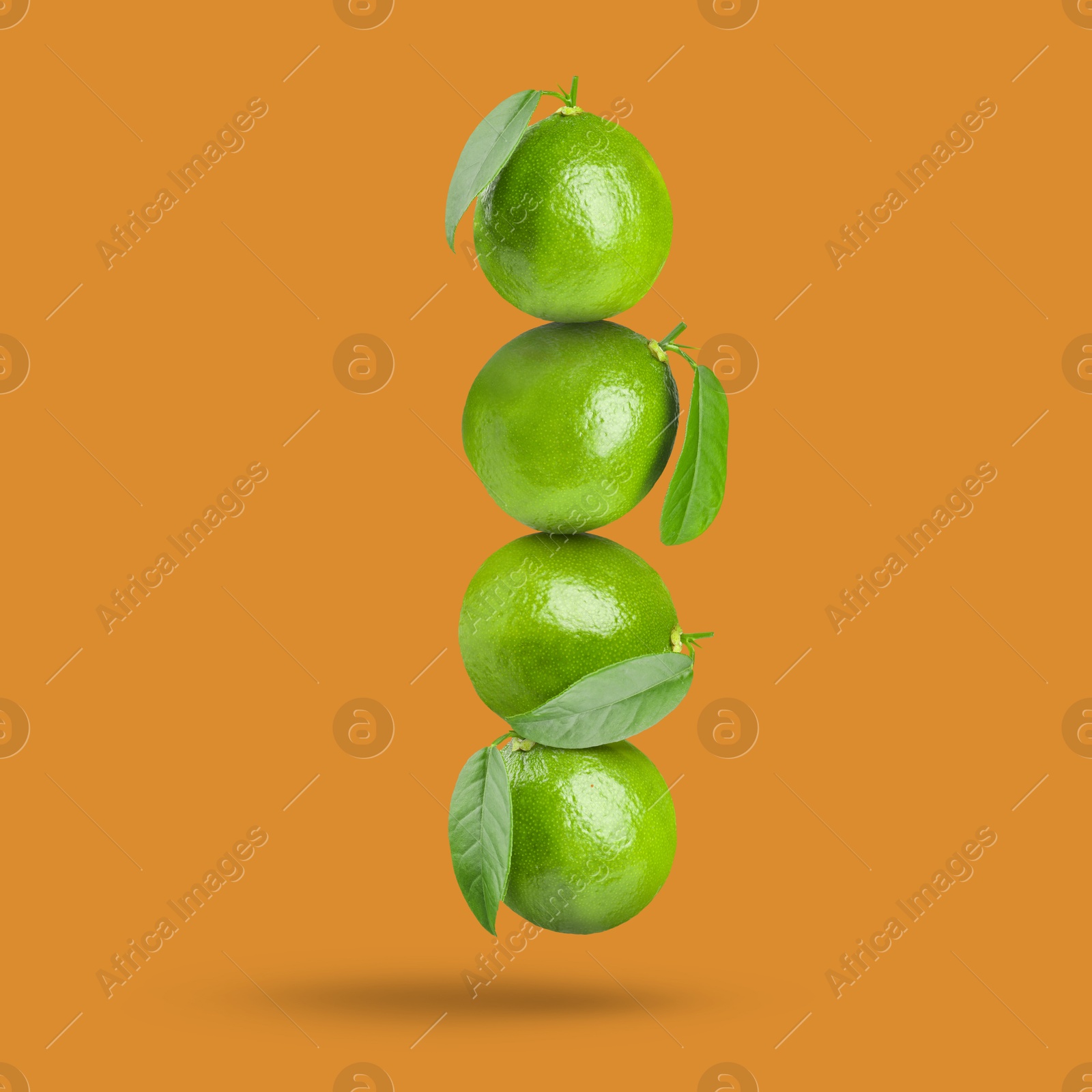 Image of Fresh whole lime falling on dark orange background