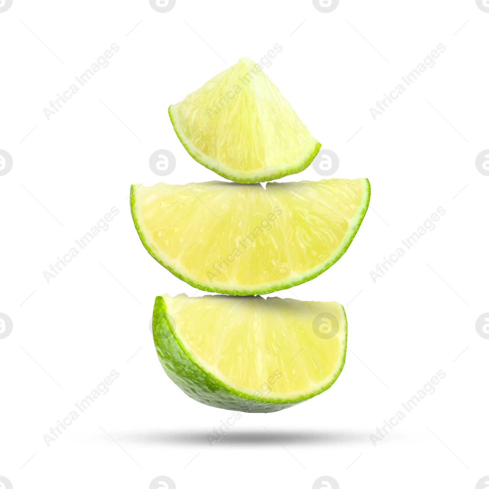 Image of Fresh lime slices falling on white background