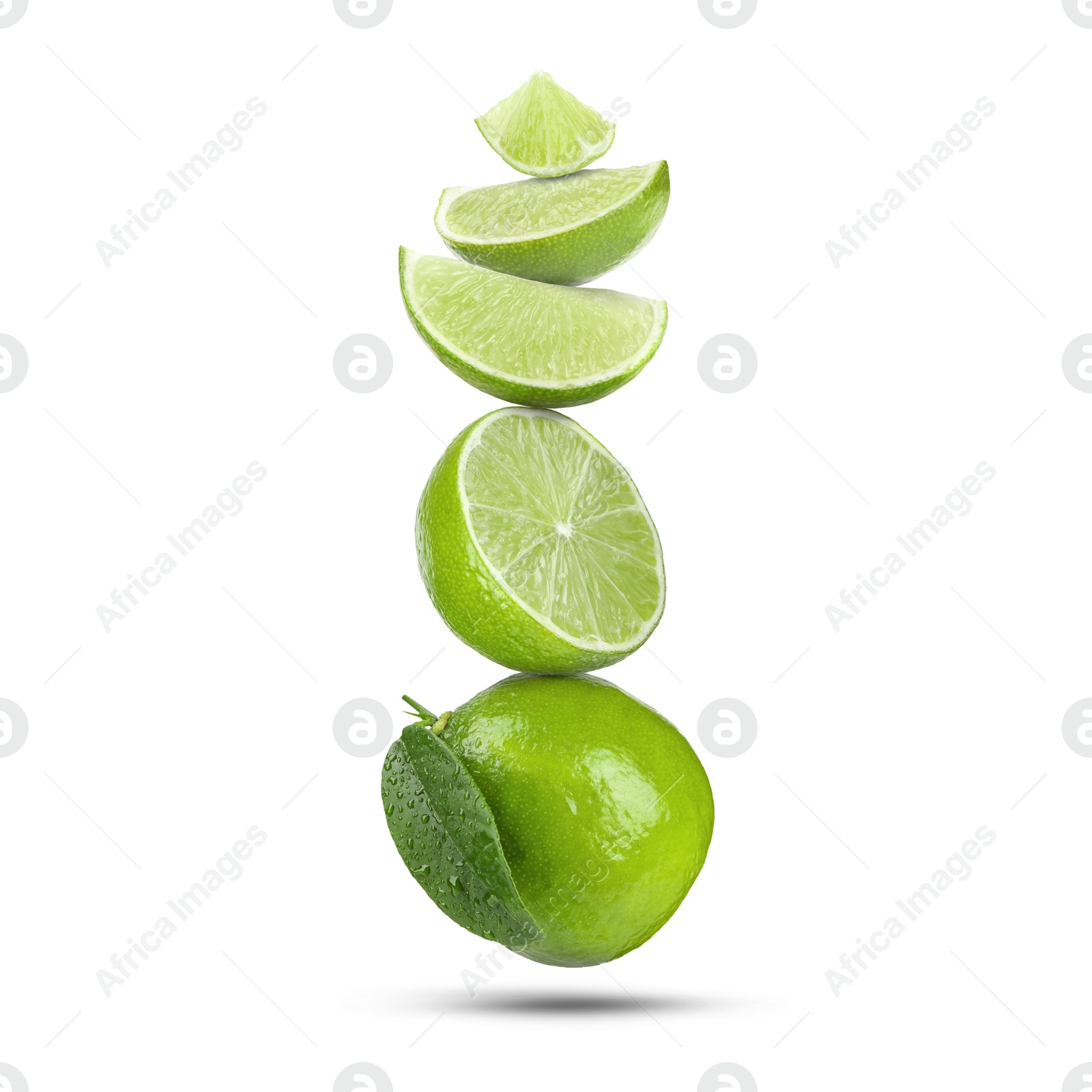 Image of Fresh juicy limes falling on white background