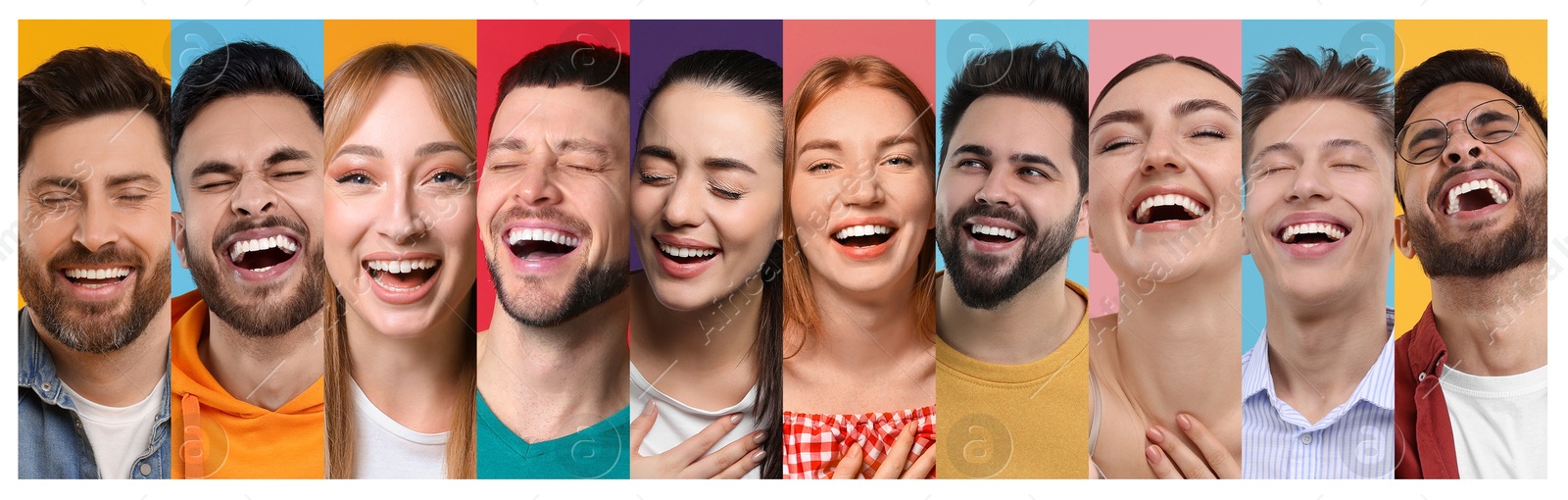 Image of Different people laughing on colorful backgrounds, collage of portraits