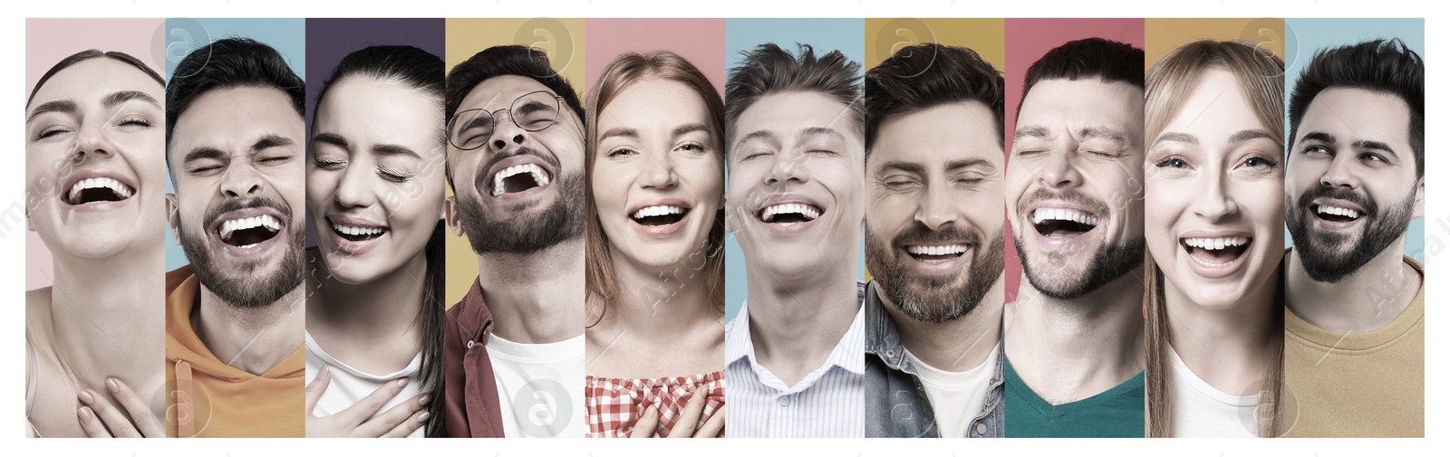 Image of Different people laughing on colorful backgrounds, collage of portraits