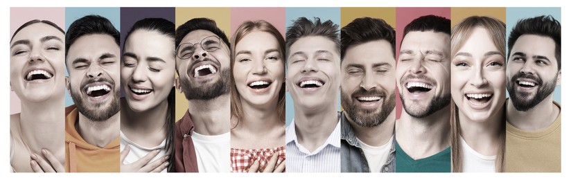 Image of Different people laughing on colorful backgrounds, collage of portraits