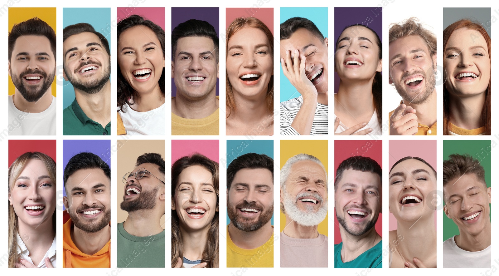 Image of Different people laughing on colorful backgrounds, collage of portraits