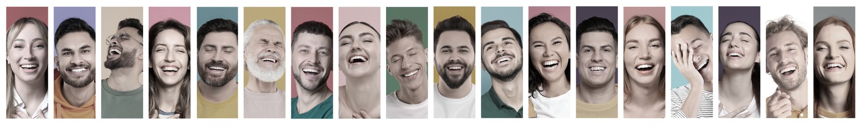 Different people laughing on colorful backgrounds, collage of portraits