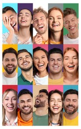 Image of Different people laughing on colorful backgrounds, collage of portraits