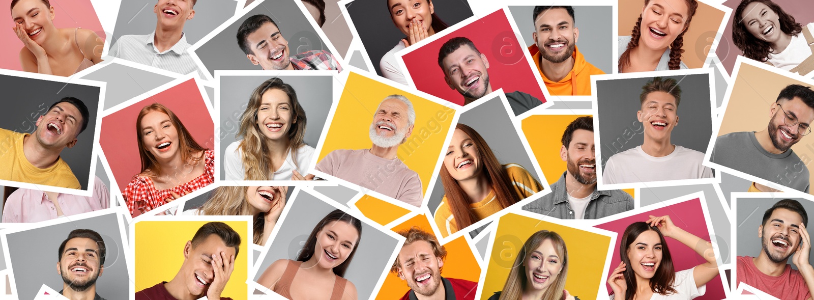 Image of Different people laughing on colorful backgrounds, collage of photos