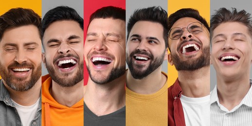 Image of Different men laughing on colorful backgrounds, collage of portraits