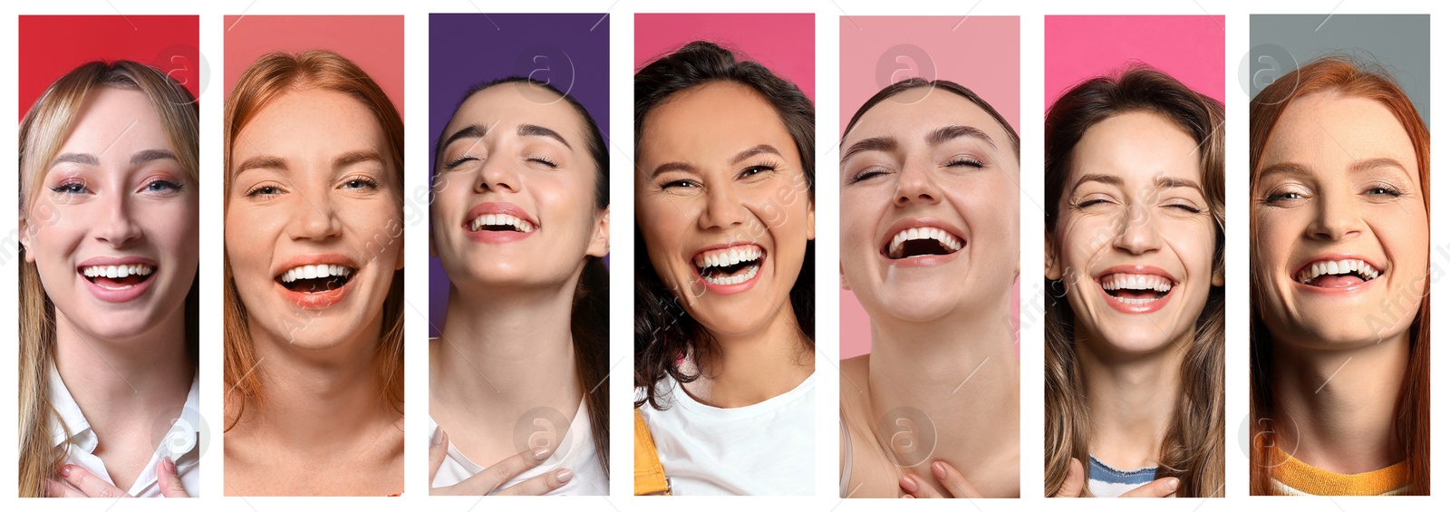 Image of Different women laughing on colorful backgrounds, collage of portraits