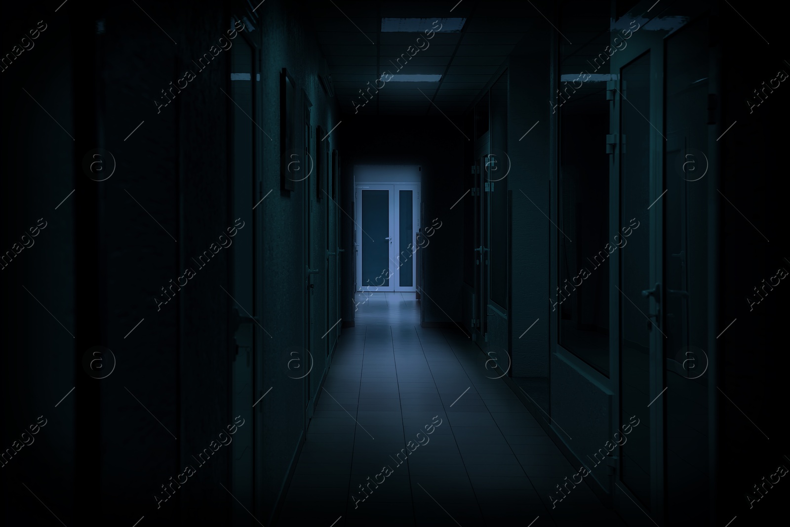 Image of Dark empty corridor in hospital at night