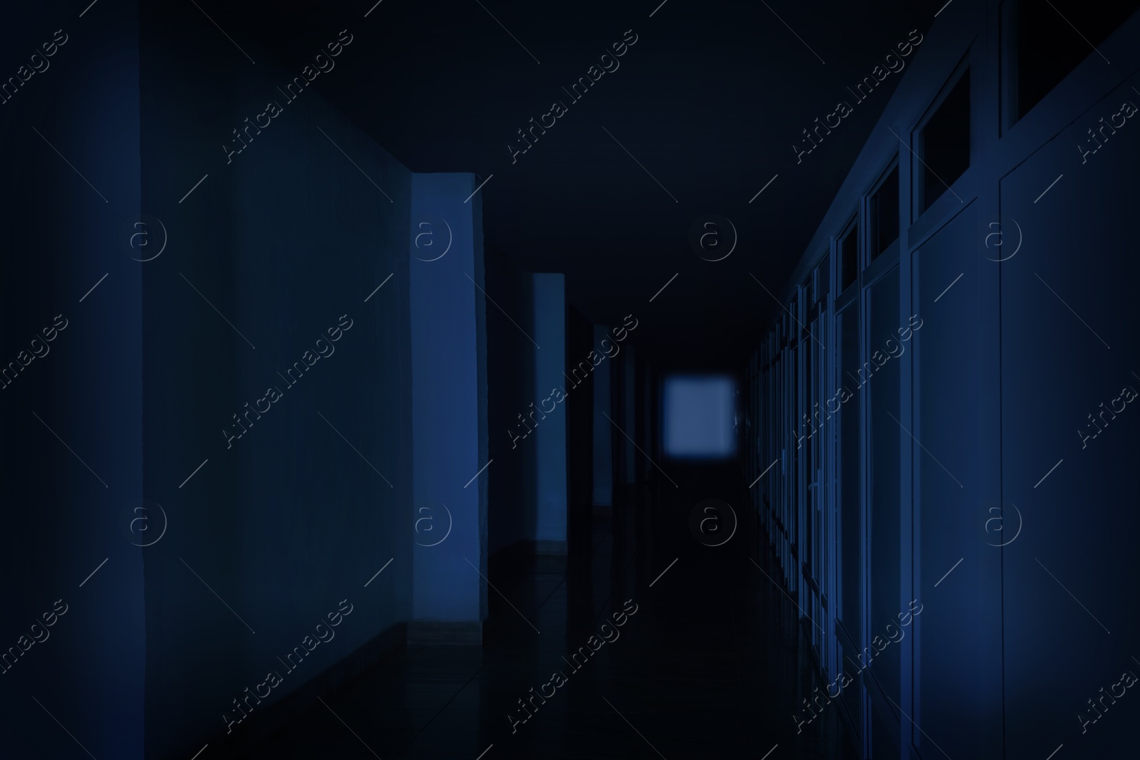 Image of Dark empty corridor in hospital at night