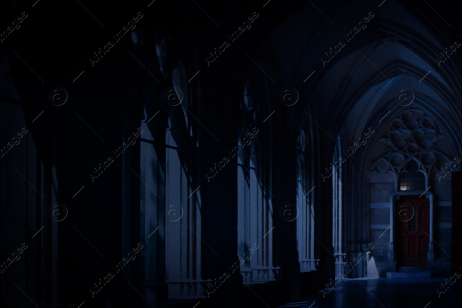 Image of Dark empty corridor old building at night