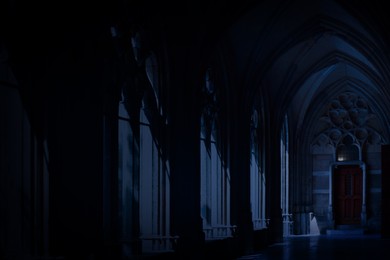 Image of Dark empty corridor old building at night