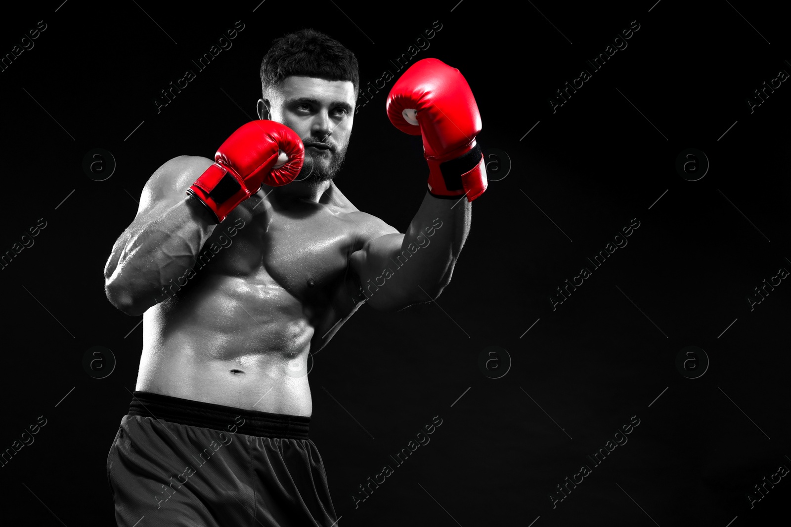 Image of Man in boxing gloves fighting, black-and-white toning with color accent. Space for text