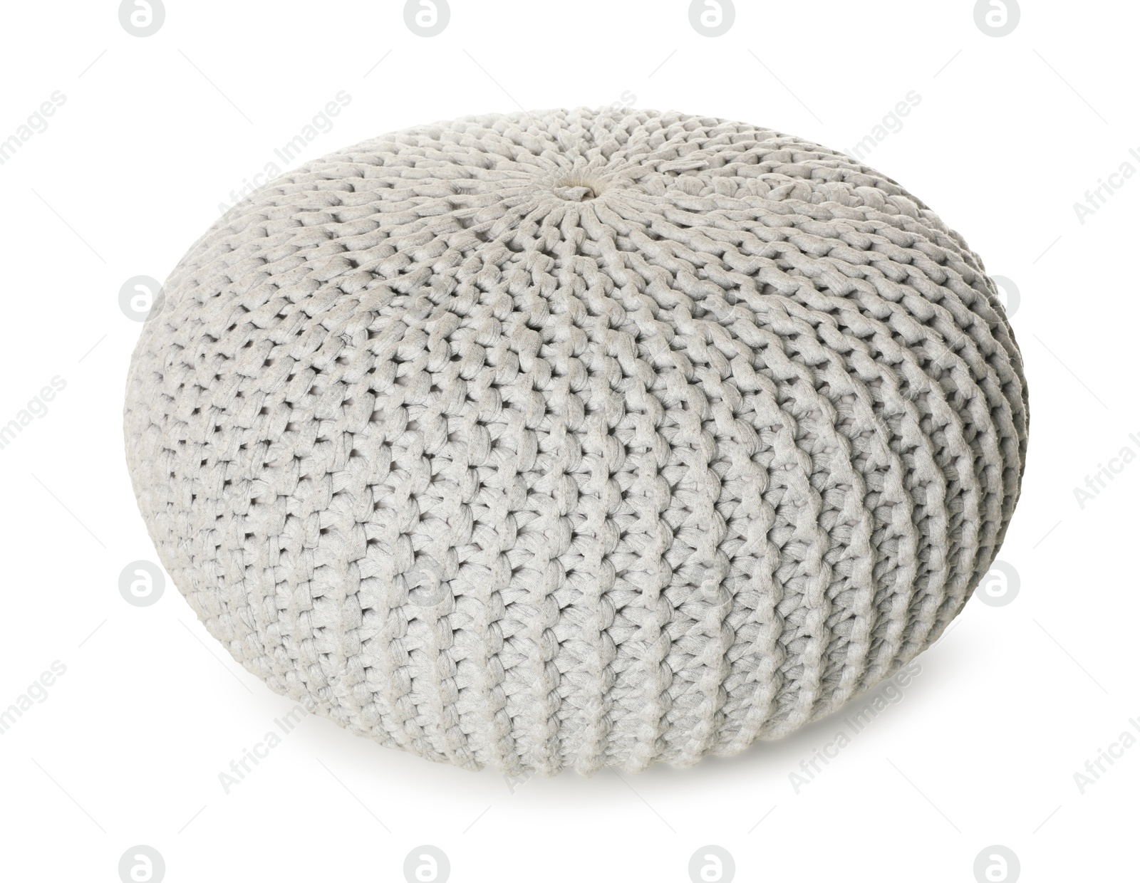 Photo of Stylish grey knitted pouf isolated on white