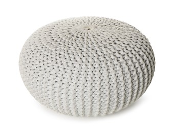 Photo of Stylish grey knitted pouf isolated on white