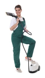 Photo of Smiling cleaning service worker with steam cleaner on white background