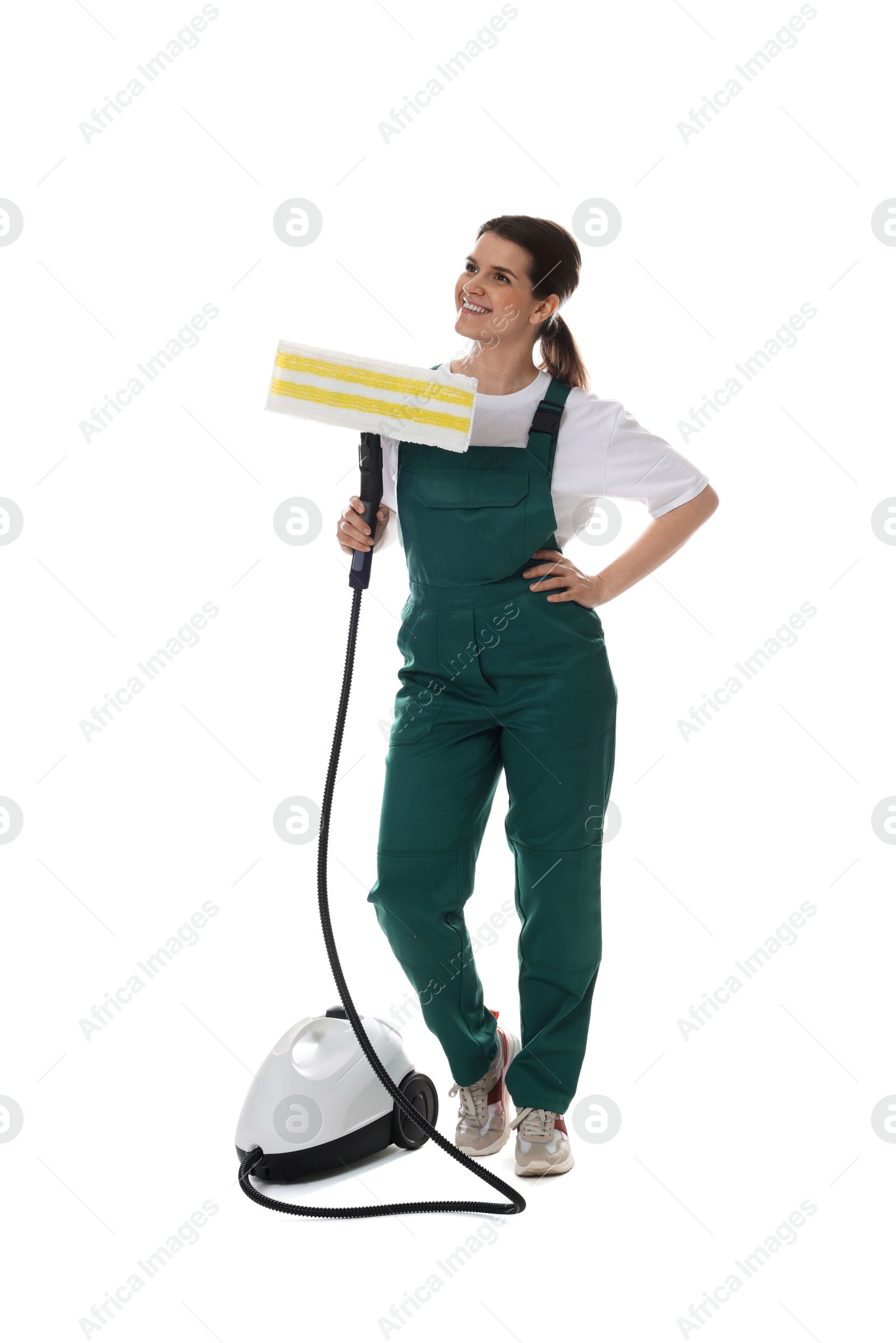 Photo of Smiling cleaning service worker with steam cleaner on white background