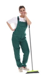 Photo of Smiling cleaning service worker with broom on white background