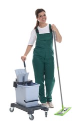 Photo of Smiling cleaning service worker with supplies on white background