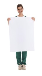 Photo of Smiling cleaning service worker with sheet of paper on white background. Space for text