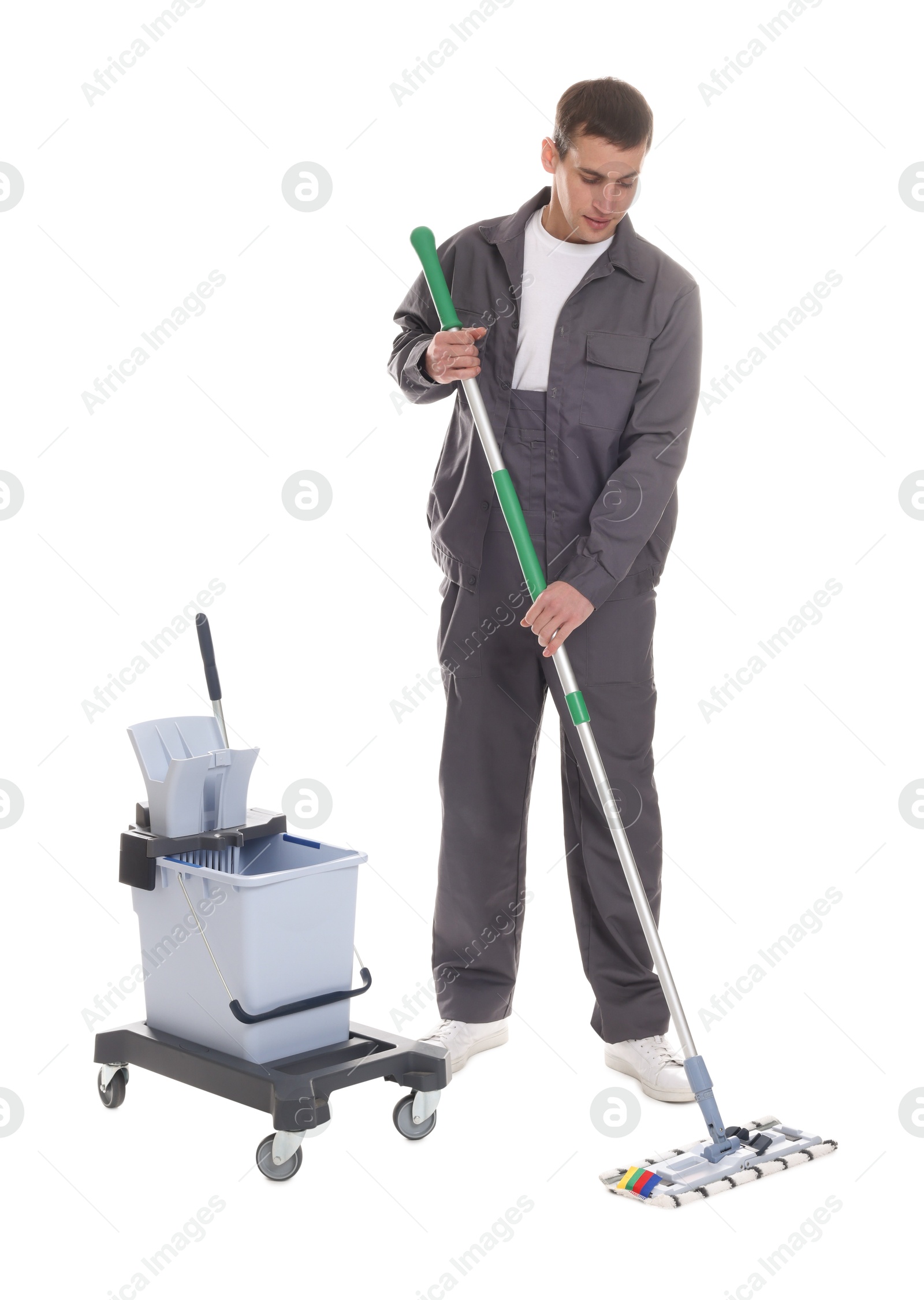 Photo of Janitor with cleaning supplies on white background