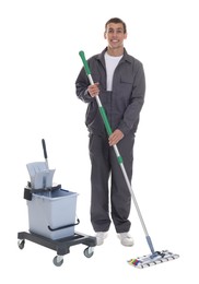 Photo of Smiling cleaning service worker with supplies on white background