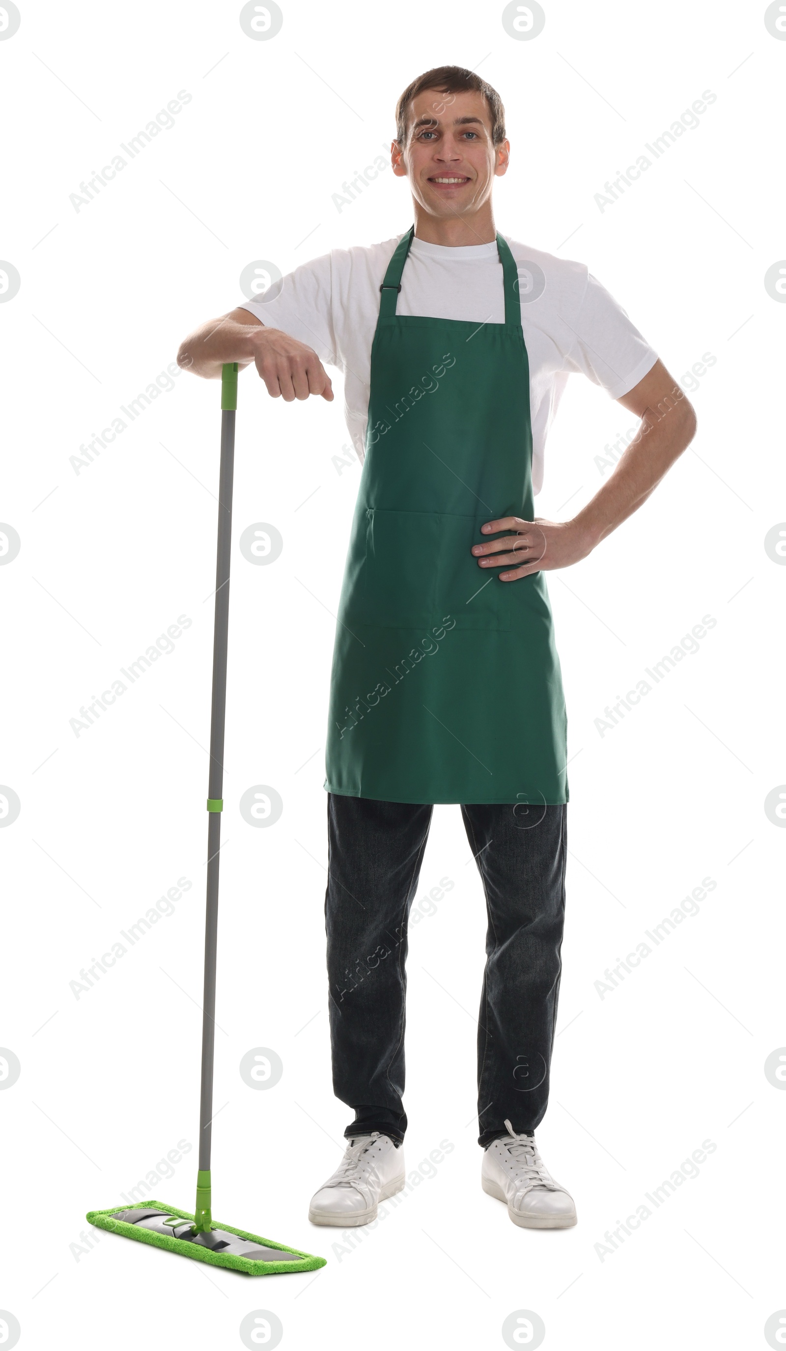 Photo of Smiling cleaning service worker with mop on white background