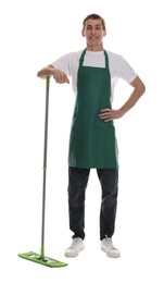 Photo of Smiling cleaning service worker with mop on white background