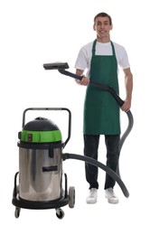 Photo of Smiling cleaning service worker with vacuum cleaner on white background