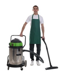 Photo of Smiling cleaning service worker with vacuum cleaner on white background