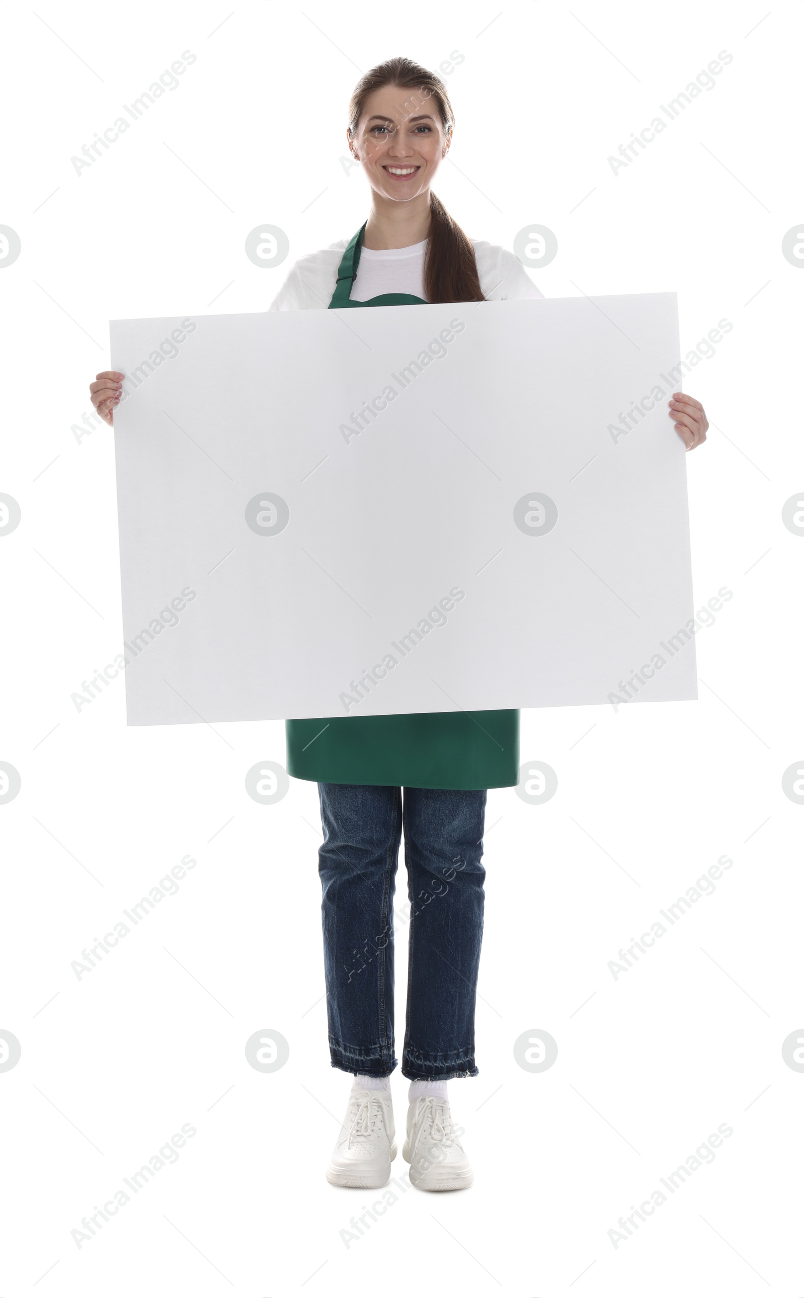 Photo of Smiling cleaning service worker with sheet of paper on white background. Space for text