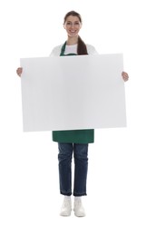 Smiling cleaning service worker with sheet of paper on white background. Space for text