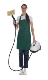 Photo of Smiling cleaning service worker with steam cleaner on white background