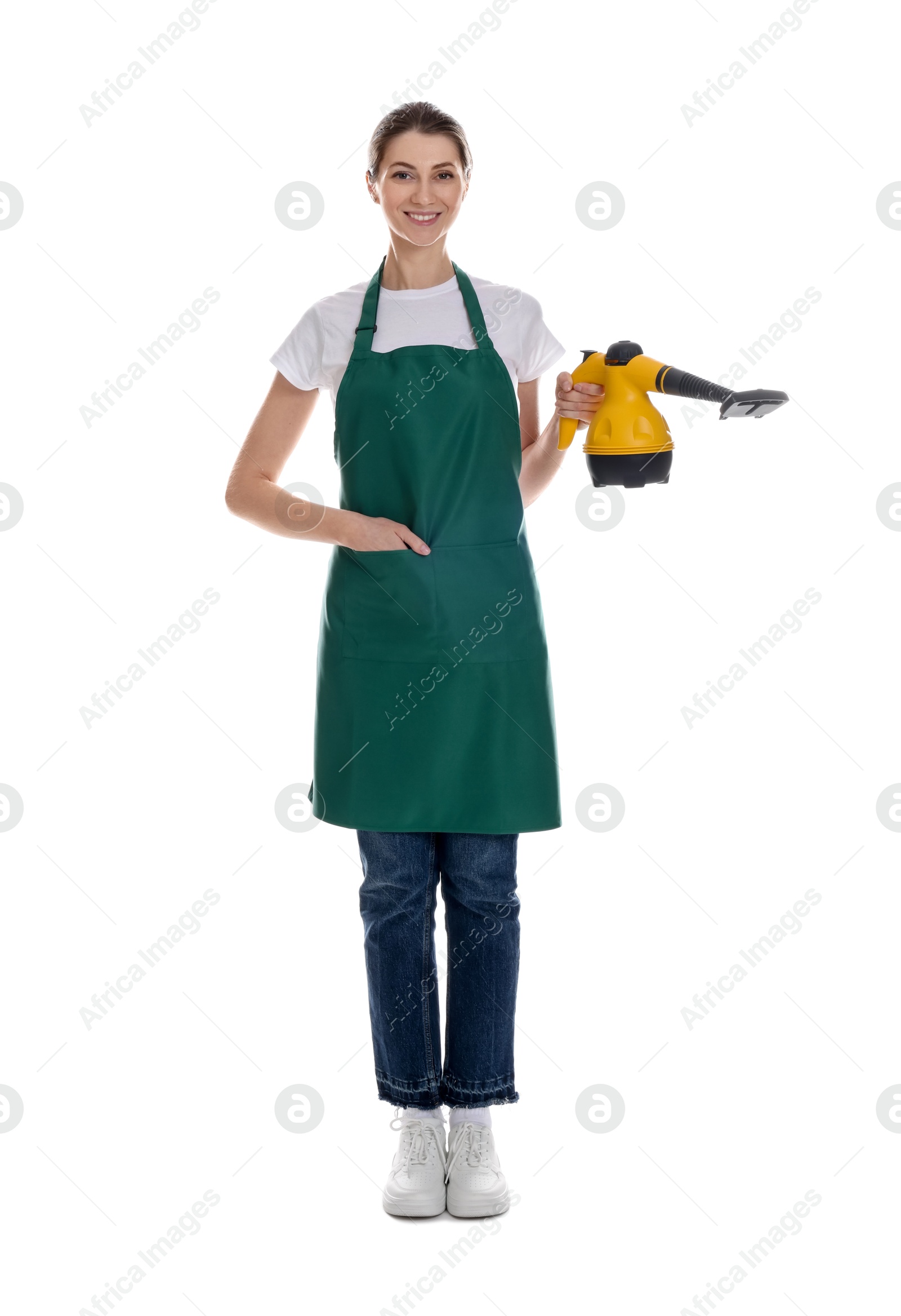 Photo of Smiling cleaning service worker with steam cleaner on white background