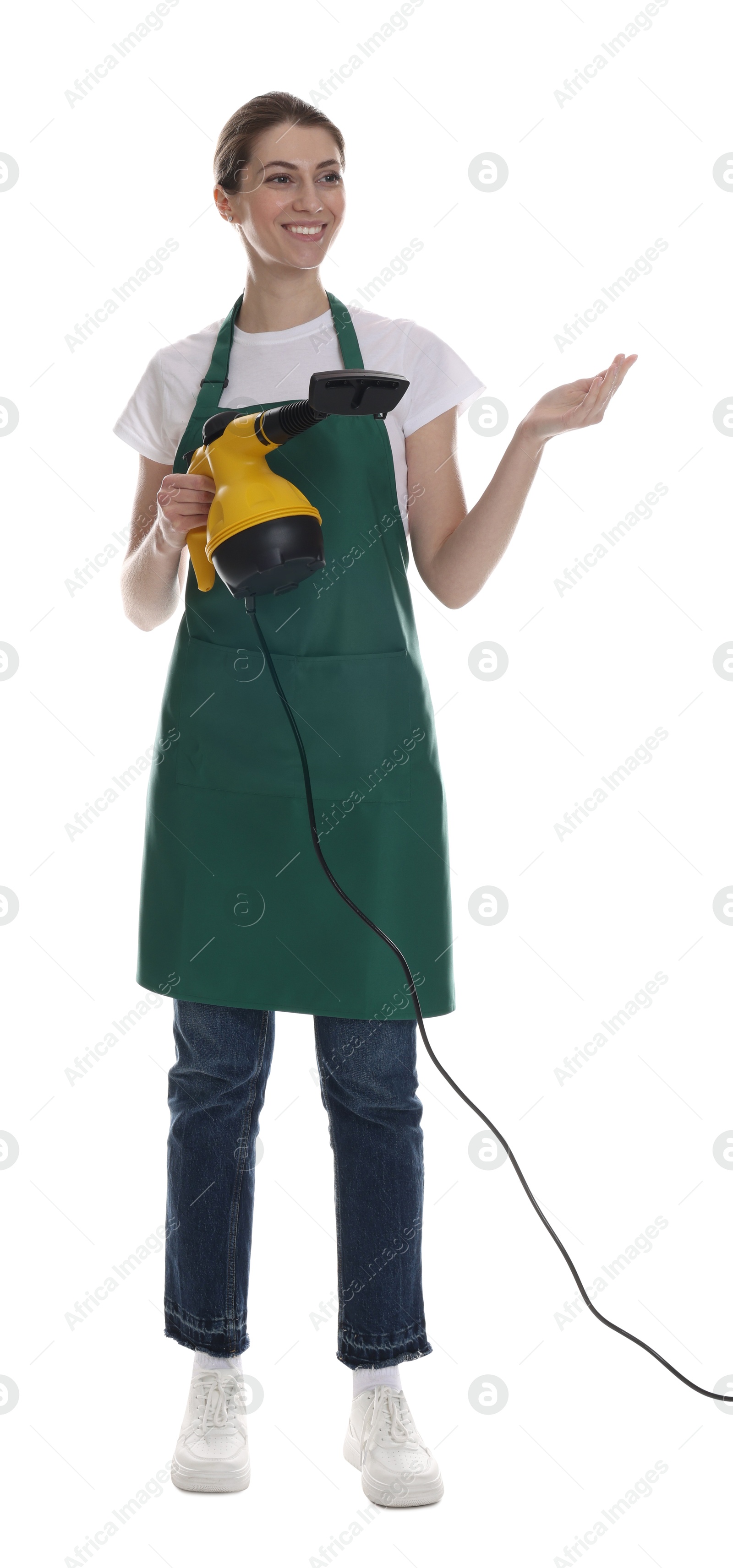 Photo of Smiling cleaning service worker with steam cleaner on white background