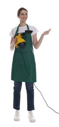 Photo of Smiling cleaning service worker with steam cleaner on white background