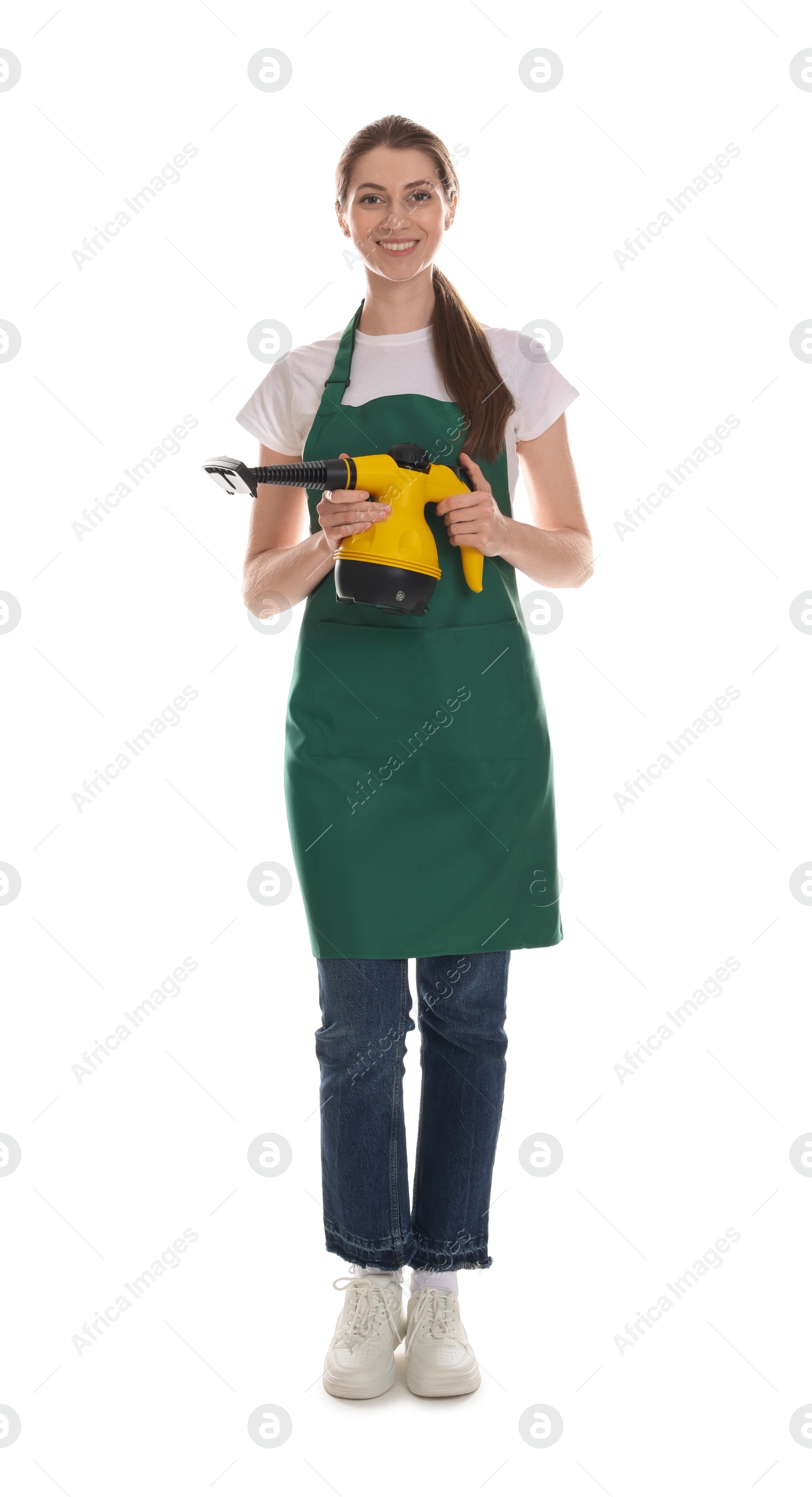 Photo of Smiling cleaning service worker with steam cleaner on white background