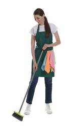 Photo of Smiling cleaning service worker with broom and rags on white background